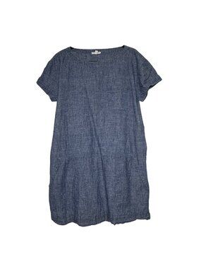 Eileen Fisher Linen 'Dolman' Short Sleeve Mini Blue Pockets Minimal Sz M